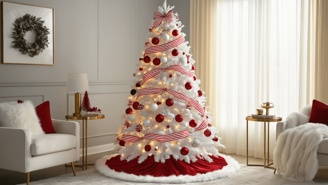 A luxurious living room featuring a 7.5-foot white Christmas tree decorated with red and white striped ribbon, glass ornaments, and warm LED lights, set against a light gray wall with sunlight filtering through sheer curtains.