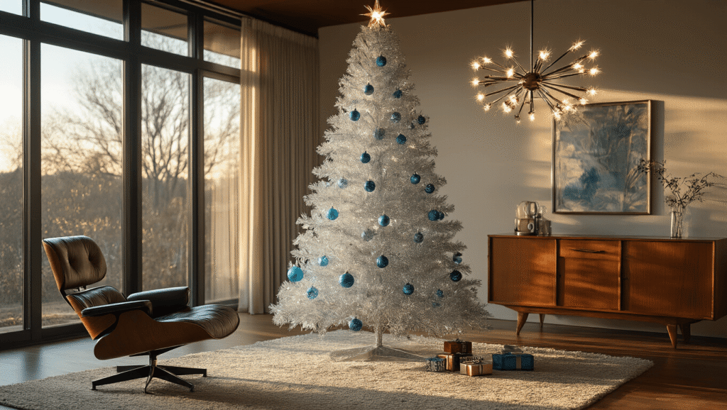 Sparkling Nostalgia: How to Create the Ultimate Retro Tinsel Christmas Tree A photorealistic mid-century modern living room featuring a 7-foot silver aluminum tinsel Christmas tree decorated with vintage glass ornaments, showcasing warm afternoon light, a Sputnik chandelier, and authentic Eames furniture, all emphasizing a nostalgic 1960s atmosphere.