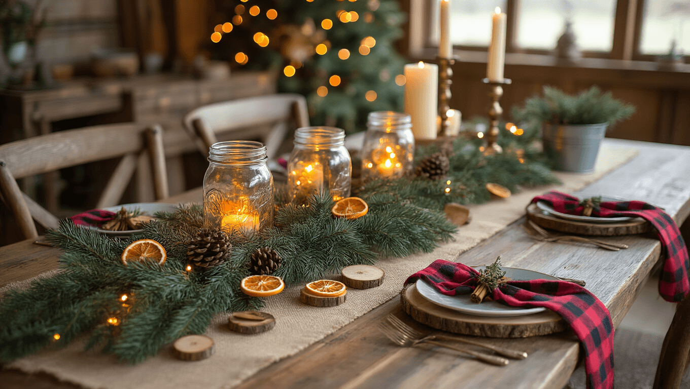 A rustic farmhouse dining table decorated for Christmas with pine garland, mason jars filled with fairy lights, wooden ornaments, and galvanized buckets of evergreen, all captured in warm golden hour light.