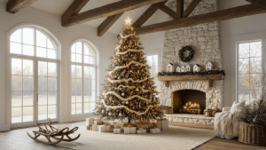 Crafting the Perfect Farmhouse Christmas Tree: A Cozy Holiday Guide Photorealistic interior of a rustic farmhouse living room with vaulted ceiling, featuring a 9-foot flocked Christmas tree decorated with warm lights and vintage ornaments, a stone fireplace, and golden morning light illuminating the space.