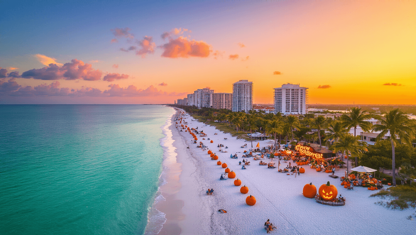 "Sarasota's coastline with Siesta Key Beach, palm trees, fall festival decors, crystal-clear turquoise waters, orange and pink sky, ROCKtoberfest and Halloween signs, modern skyline, umbrellas, and beachgoers in autumn at sunset."