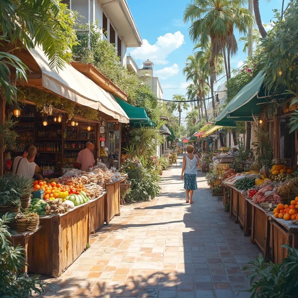 Vibrant farmers market scene in downtown Sarasota with local vendors, colorful fresh produce, fresh seafood, tropical fruits, busy shoppers, wooden stalls, and Florida Gulf Coast atmosphere with local flora in the background.