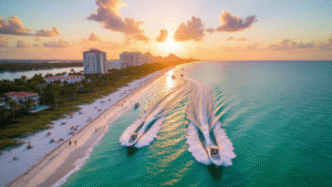 "Aerial view of Sarasota's coastline during golden hour, featuring powerboats racing in the turquoise waters, beachgoers relaxing on the white sand beaches, and the city skyline against a pink-orange sunset sky"