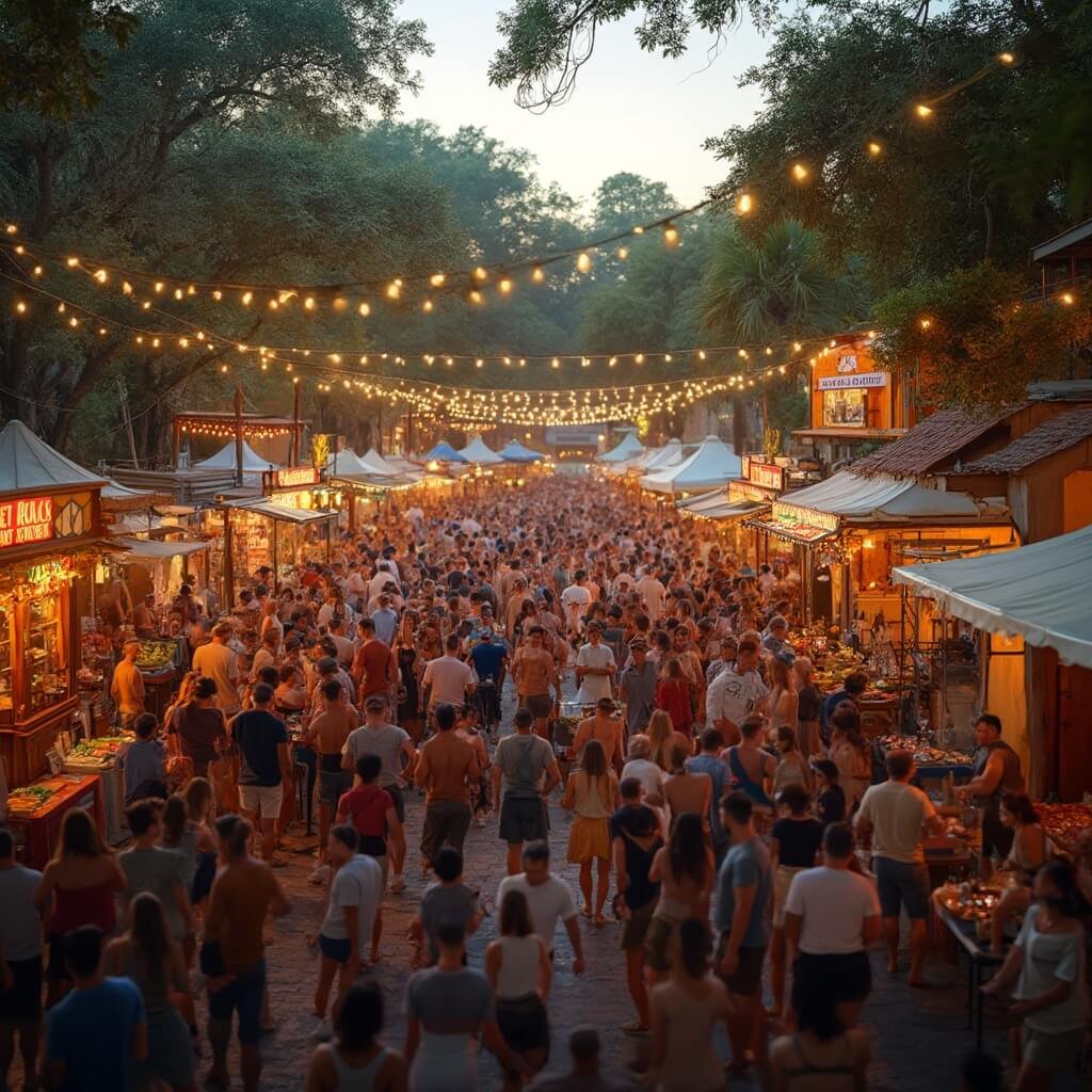 Sarasota in October: Your Ultimate Guide to Florida's Hidden Autumn Paradise Wide-angle view of a lively ROCKtoberfest in downtown Sarasota, featuring food and craft beer vendor stalls, people dancing, a local band performing on a wooden stage, overhead string lights, and lush tropical vegetation under warm evening lighting.