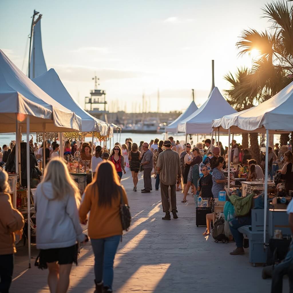 Festive scene at Sarasota Seafood and Music Festival with people in winter attire enjoying live music, waterfront views, colorful food stalls under white tents, and local musicians performing under a golden afternoon sunlight.