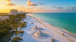 "Aerial view of Sarasota coastline at sunset featuring Siesta Key Beach, sand sculptors at Crystal Classic festival, beachgoers, palm trees, holiday decorations, The Ringling Museum, and local cafes, under a golden hour sky."