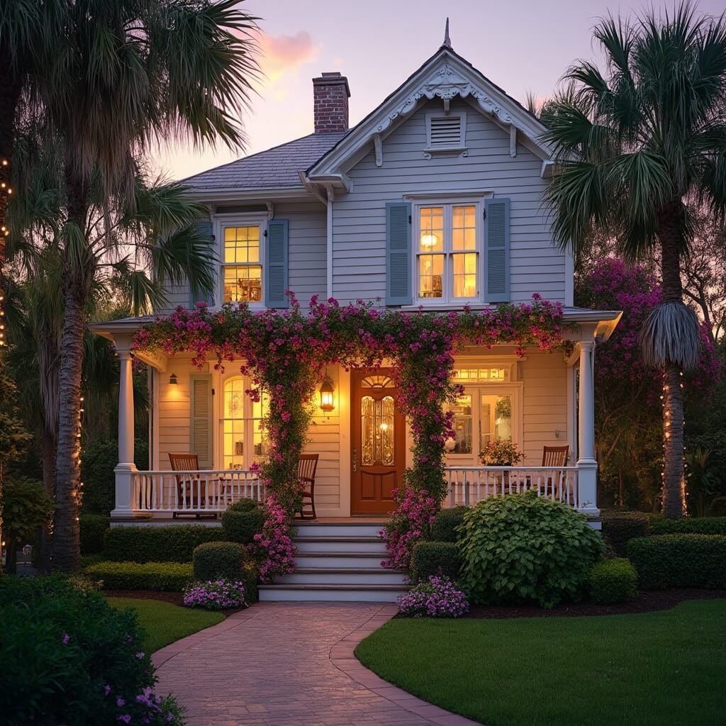 Victorian-style bed & breakfast in Sarasota at sunset, with wrap-around porch, tropical landscaping, palm trees, soft lighting, gingerbread trim, pastel colors, gulf coast design elements, rocking chairs, and flowering bougainvillea
