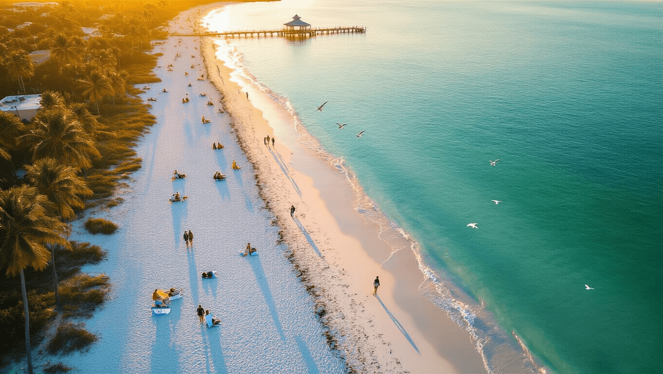 "Aerial drone view of Sarasota's coastline during golden hour in January, featuring sparse beachgoers, calm turquoise Gulf waters, swaying palm trees, people strolling on white sand beaches, birds in flight, and the Siesta Key Beach pavilion in the background"