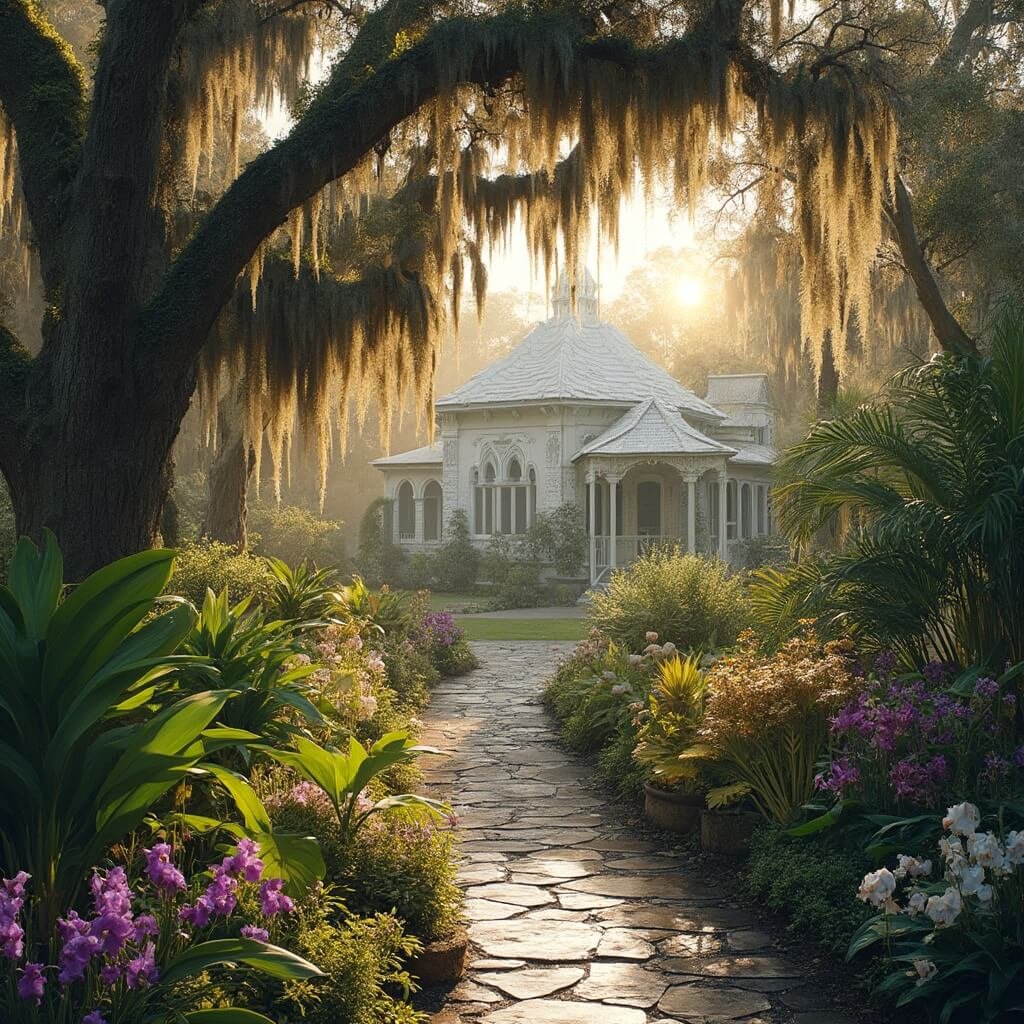Sarasota in October: Your Ultimate Guide to Florida's Hidden Autumn Paradise Serene image of Selby Gardens during golden hour, showcasing winding paths, hanging purple and white orchids, historic mansion in the backdrop, ancient banyan trees with Spanish moss, and butterflies near exotic flowers.