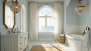 Create a Serene Coastal Granddaughter Bathroom: Your Ultimate Styling Guide Photorealistic interior of a sunlit coastal bathroom featuring a whitewashed wood vanity, aged brass hardware, and honed marble top, with a tall arched window draped in sheer linen curtains, evoking a serene retreat ambiance.