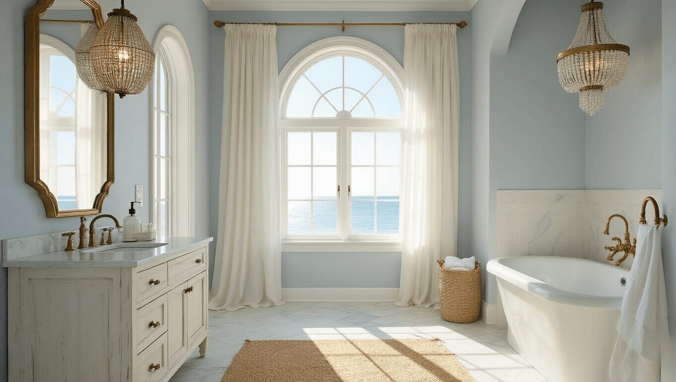 Photorealistic interior of a sunlit coastal bathroom featuring a whitewashed wood vanity, aged brass hardware, and honed marble top, with a tall arched window draped in sheer linen curtains, evoking a serene retreat ambiance.