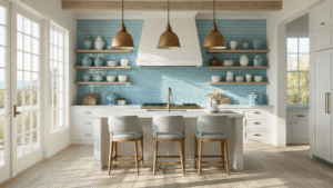 Coastal Kitchen Backsplash Ideas: Bringing the Beach to Your Culinary Space A sun-drenched coastal kitchen featuring a seafoam blue subway tile backsplash, white shaker cabinets with brass hardware, a marble-topped island, and curated blue and white ceramics, all illuminated by golden hour lighting.