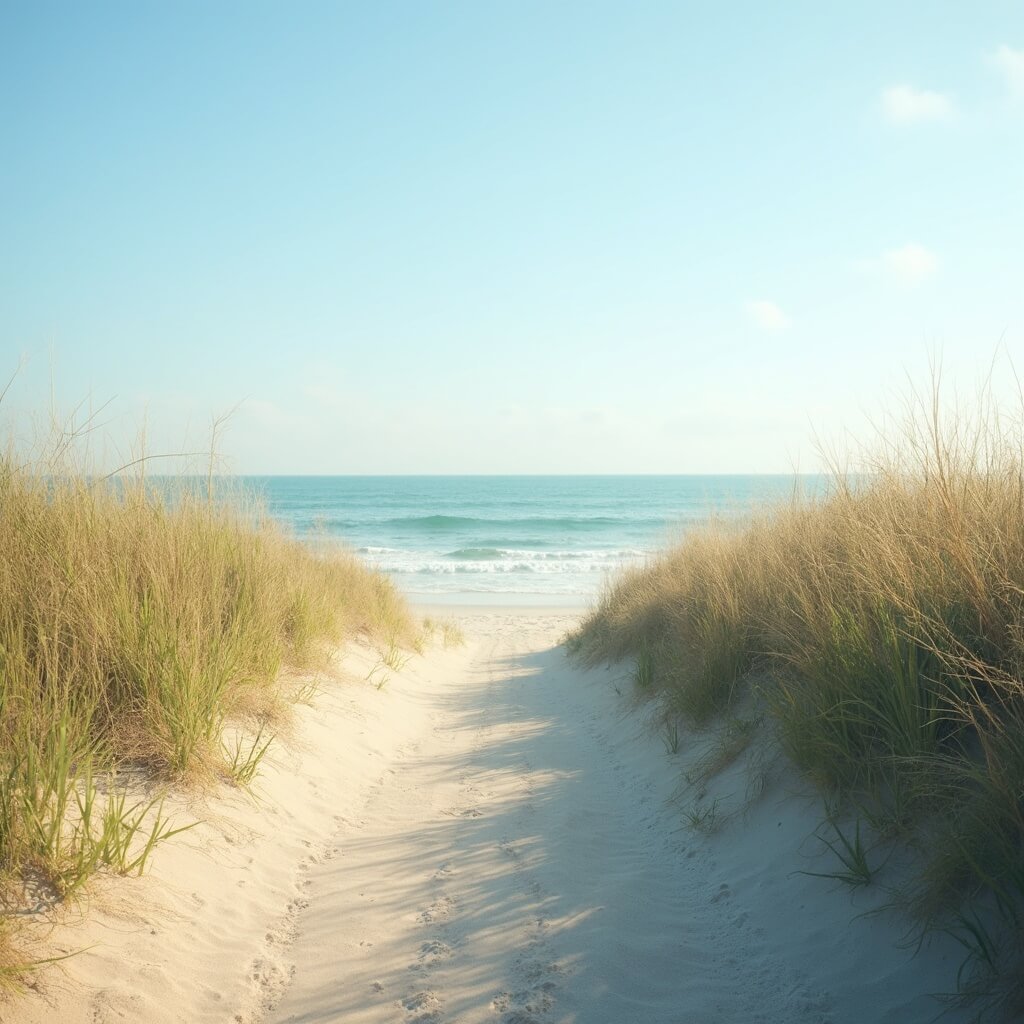 Peaceful coastal walking path with soft sand, lush grasses, and gentle waves in mild April weather, showcasing tranquil and rejuvenating atmosphere under warm natural lighting, with no people visible.