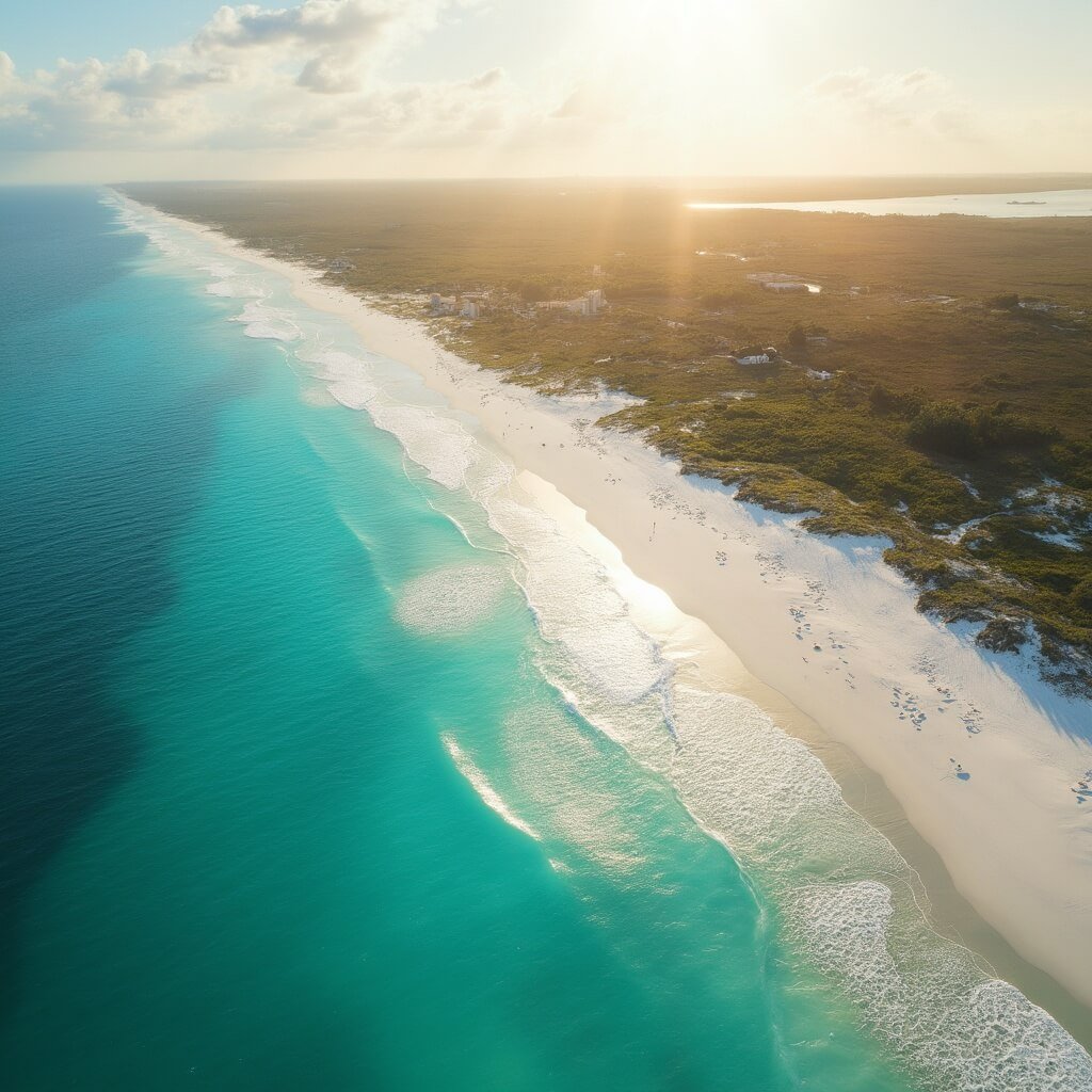 November in Sarasota: Your Ultimate Gulf Coast Paradise Revealed Aerial view of Siesta Key Beach at golden hour featuring pristine white sand, turquoise waters, soft waves, warm sunlight, clear sky, and tropical vegetation in the background with no people visible.