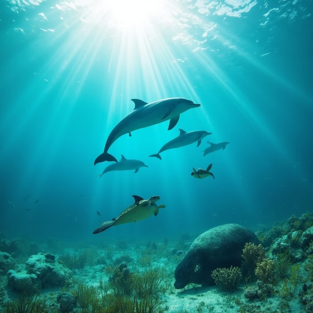 Pod of bottlenose dolphins swimming under rays of sunlight in the turquoise waters near Siesta Key, with manatee grazing on seagrass, sea turtles and tropical fish around vibrant coral formations in the background
