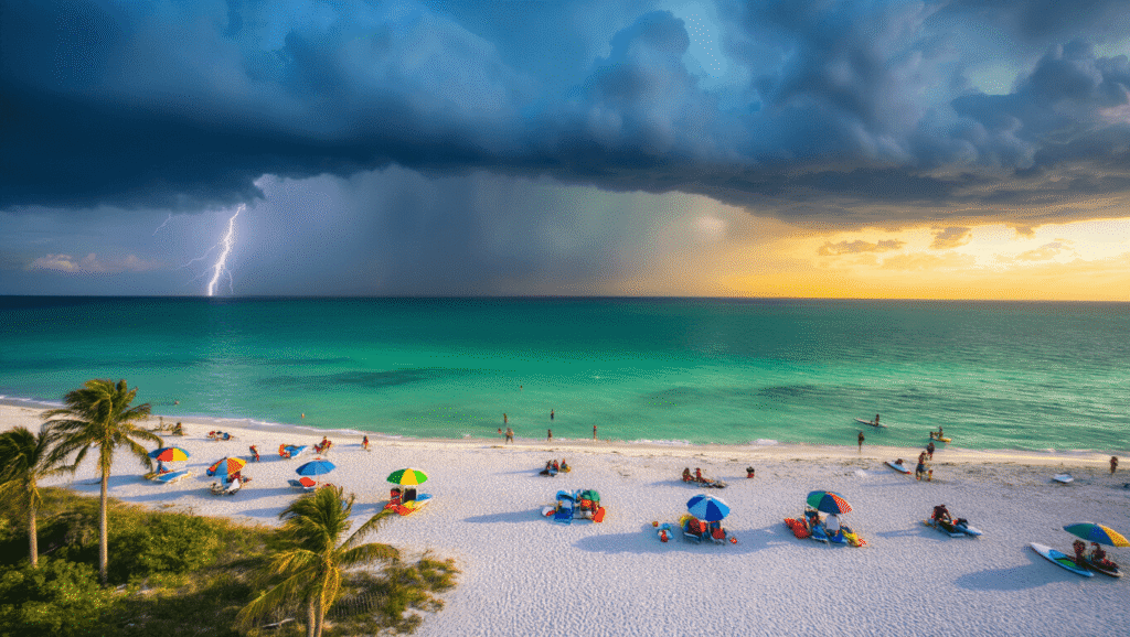 "Vibrant aerial shot of Siesta Key Beach at sunset with approaching storm, colorful umbrellas, swaying palm trees, turquoise Gulf waters, golden sun rays illuminating white sands, beach-goers packing up gear, paddle boarders in water, 89°F temperature display board, and distant lightning strikes."