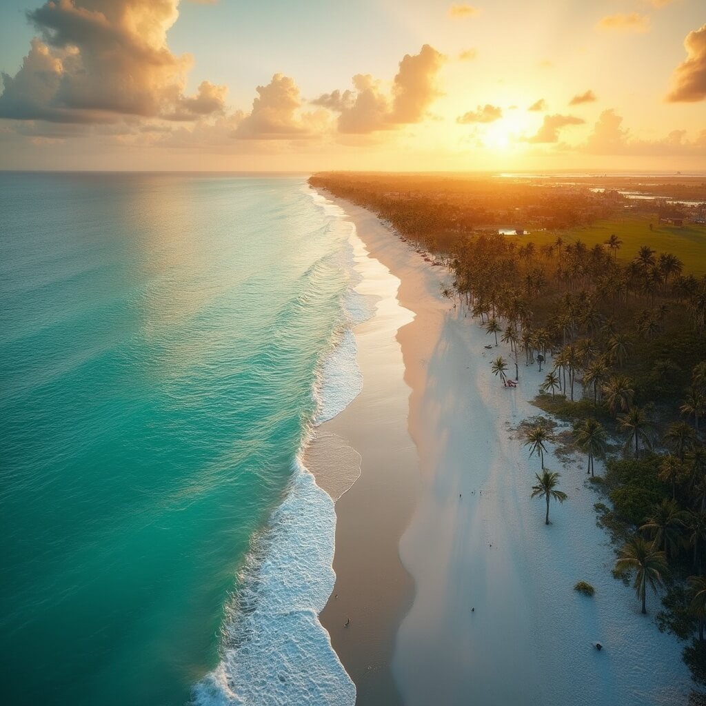 "Why Sarasota in December Will Blow Your Mind: The Ultimate Winter Escape You Never Knew You Needed" Aerial view of Siesta Key Beach at sunset with clear turquoise water, white sandy shoreline, and palm tree silhouettes against a golden sky