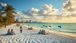 Escape Winter's Chill: Why Sarasota in February is Your Ultimate Tropical Getaway "Siesta Key Beach on a sunny February afternoon with people in light sweaters enjoying beach activities, palm trees, distant Downtown Sarasota skyline, jumping dolphins, and artists on shoreline."