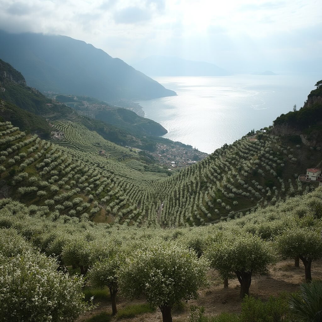 🌊 Why Naples in March? Your Ultimate Insider's Guide to Italy's Most Unpredictable Shoulder Season Destination Sorrento's hillside lemon groves in spring morning light with blooming citrus trees, terraced stone walls, distant Mediterranean Sea, misty mountains and Italian farmhouses