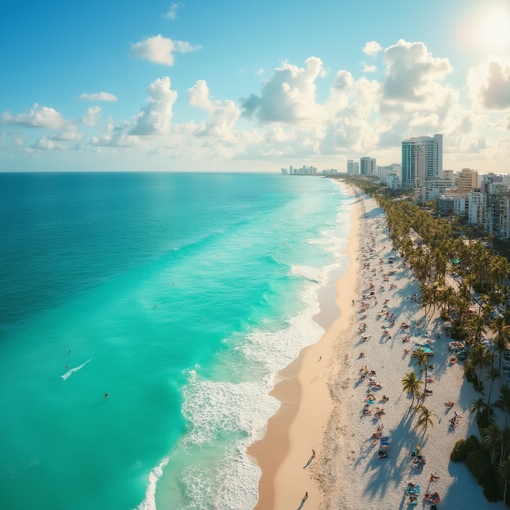Escape the Winter Chill: Why South Beach in December Will Blow Your Mind Aerial view of Miami's South Beach with crystal clear turquoise waters, white sandy beach, beachgoers swimming and playing volleyball, cyclists on oceanfront path, colorful umbrellas, Art Deco buildings in the background, taken during golden hour with sunny 75 degree weather