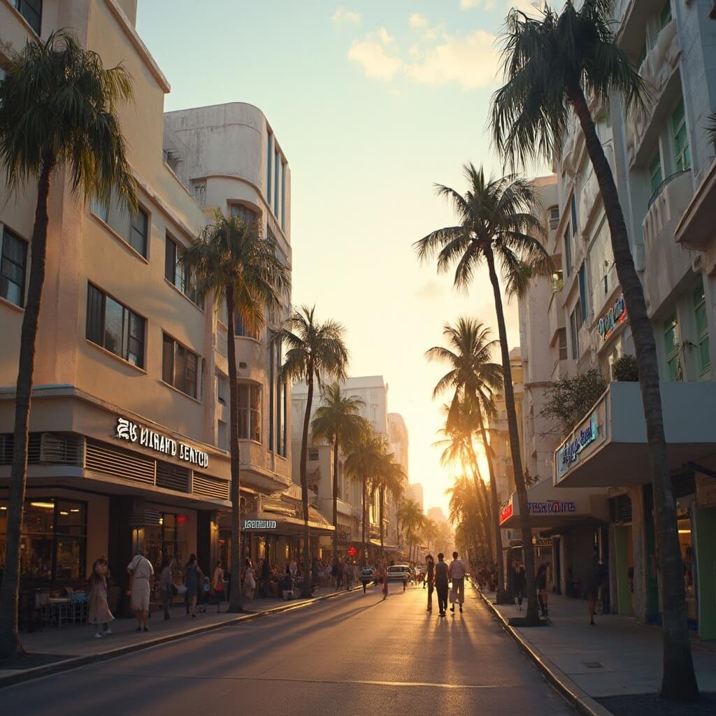 South Beach November Escape: Your Ultimate Weather, Culture, and Adventure Guide Art Deco buildings in South Beach's Historic District during golden hour, showcasing pastel colors, neon signs, palm trees, pedestrians, and boutique shops