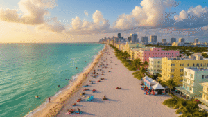 South Beach in October: Your Ultimate Escape from Summer Chaos "Aerial view of South Beach Miami in October with Art Deco buildings, sunbathers, paddleboarders in turquoise waters, palm trees, festival tents for South Beach Seafood Festival during golden hour"