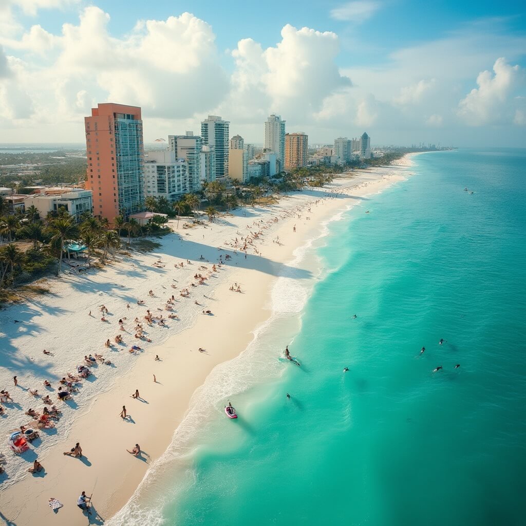 Aerial view of South Beach Miami in October with sunbathers on white sand beaches, turquoise Atlantic Ocean, pastel colored art deco buildings, long beach shadows, palm trees, people paddleboarding, and distant dolphins