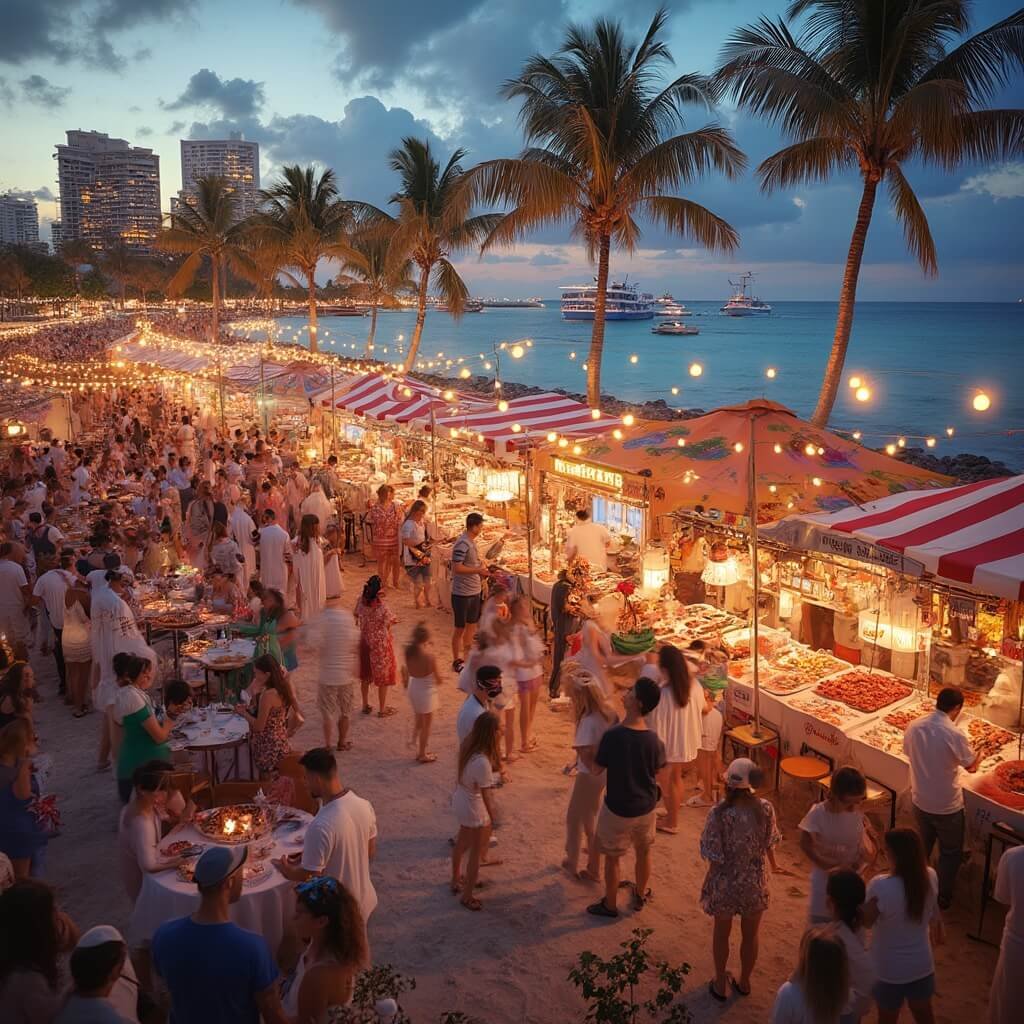 Colorful South Beach Seafood Festival in late October with outdoor dining pavilions, food booths, professional chefs, live music, festive decorations, sunset over Miami skyline and people celebrating under decorated palm trees