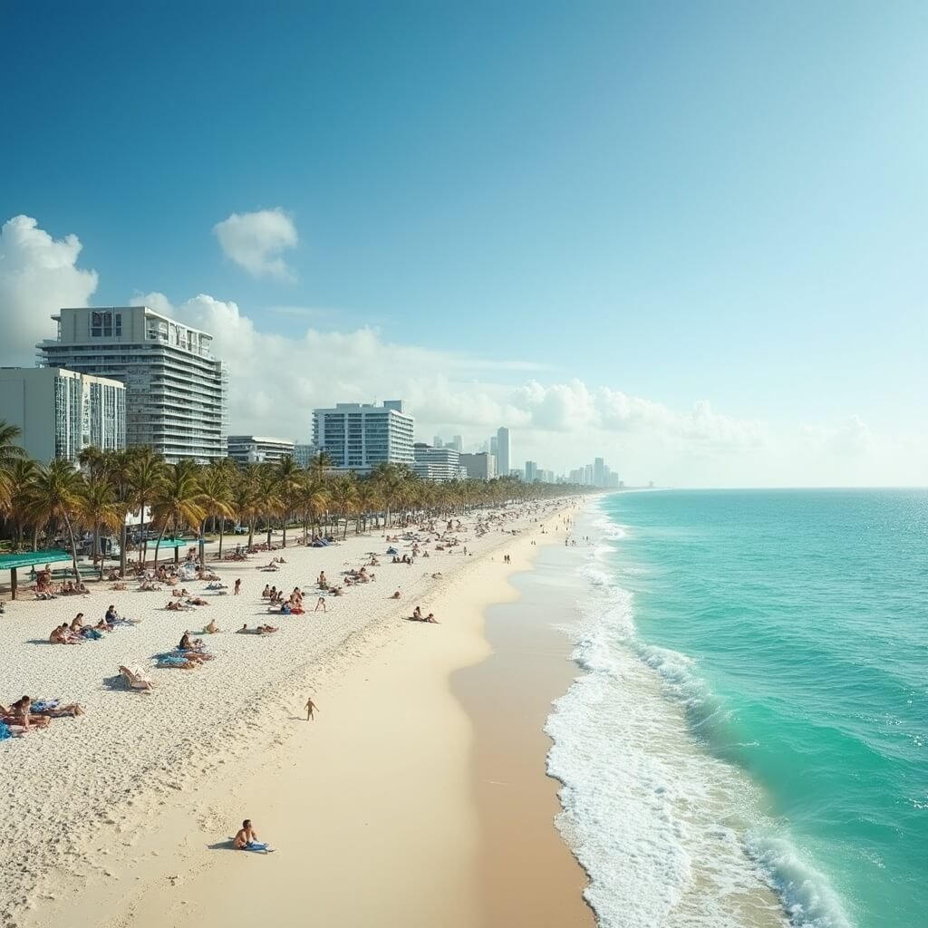Why September is South Beach's Best-Kept Travel Secret Peaceful South Beach, Miami in September with sparse beachgoers, turquoise waves, swaying palm trees, distant art deco buildings, and clear skies