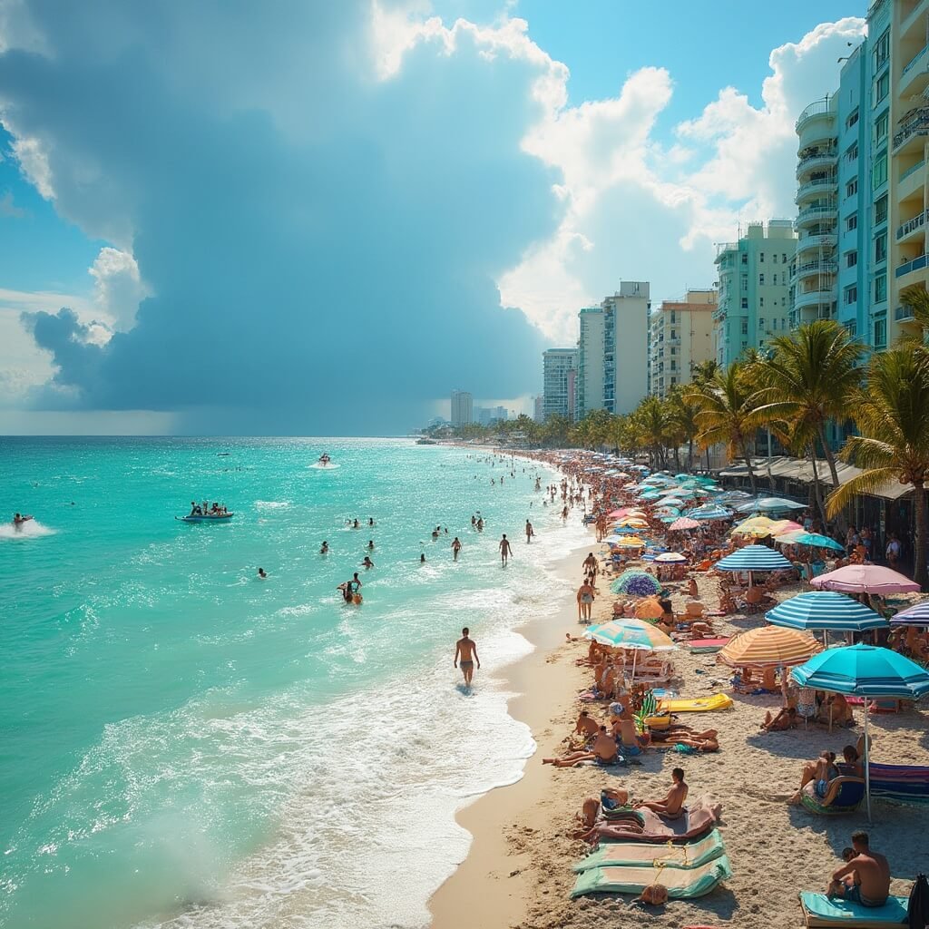South Beach in July: Your Ultimate Tropical Paradise Survival Guide Crowded South Beach in intense summer heat, showing sunbathers under colorful umbrellas, people enjoying water sports in clear turquoise ocean, Art Deco buildings lining the shore, dark thunderstorm clouds on the horizon, palm trees swaying, and heat waves rising from steamy sand.