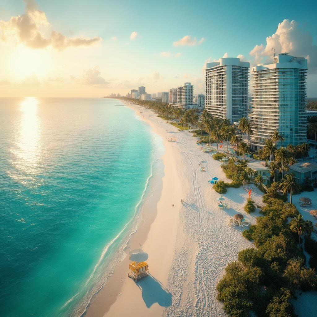 Why South Beach in April is Your Ultimate Escape: Insider's Guide Sunrise view of South Beach coastline with turquoise waters, white sand beach, pastel lifeguard towers, modern hotels, and palm trees