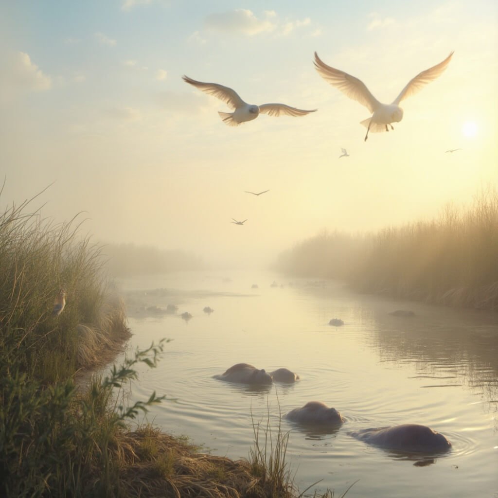 Why Cocoa Beach in February is Your Secret Winter Paradise Migratory birds flying over Banana River at Space Coast Birding Festival, manatees silhouetted in water at dawn with pastel sky backdrop