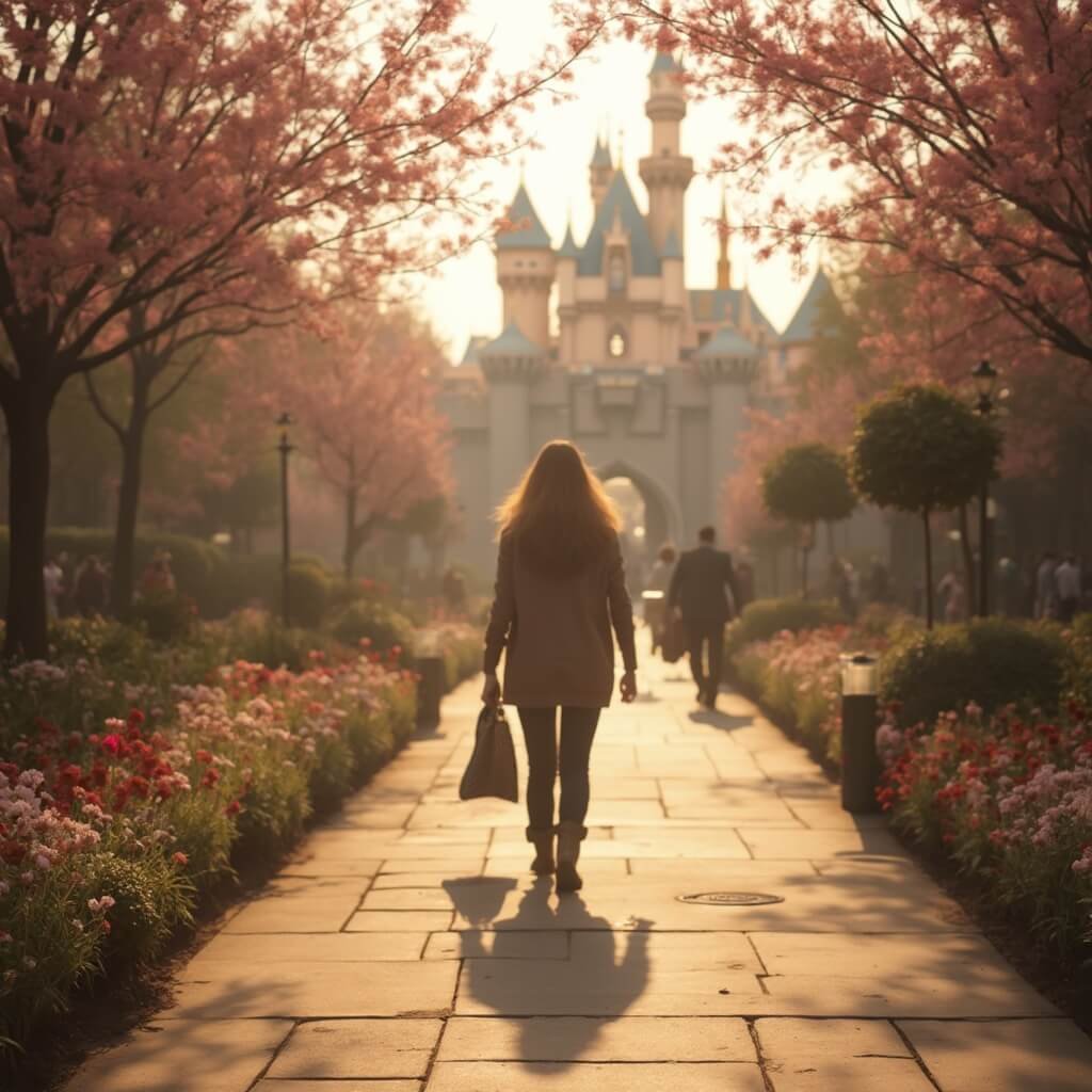Why Kissimmee in February is Your Ultimate Winter Escape (Without the Winter Chill) A person casually walks through a sunlit pathway in a theme park, surrounded by blooming spring flowers and soft, warm sunlight, with hints of Disney-like architecture in the background, indicating a comfortable February climate.