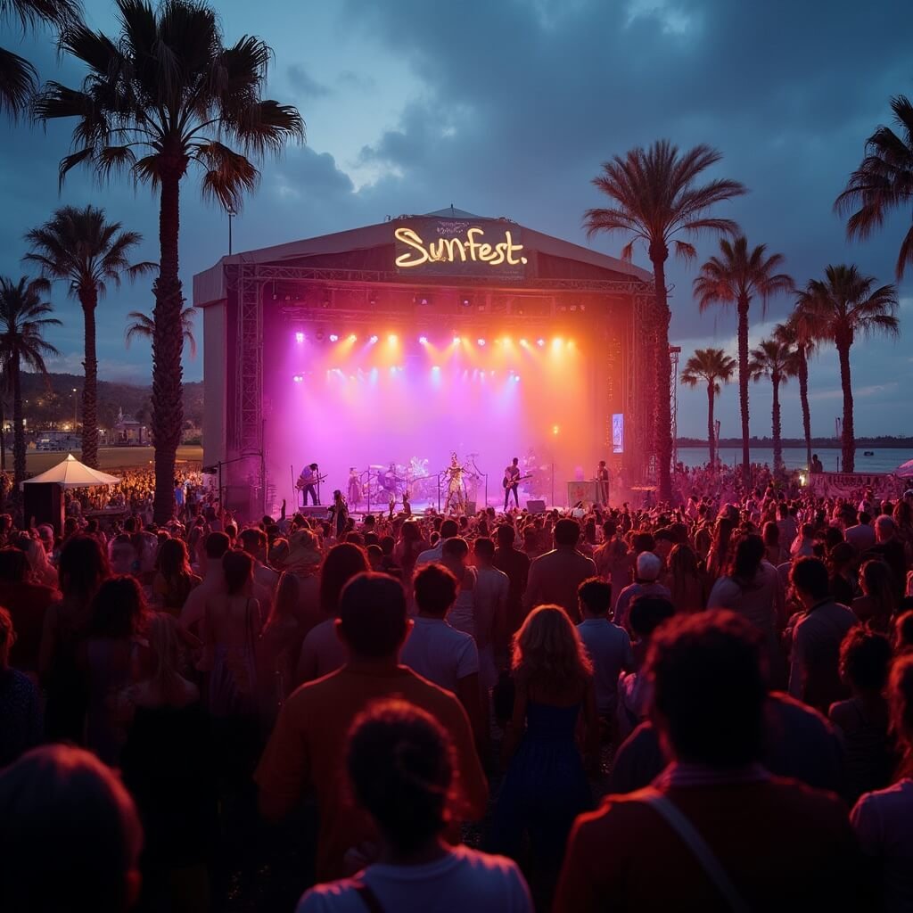 Crowd dancing at waterfront SunFest music festival with live band on stage, colorful lights, surrounded by palm trees, under a dramatic sky