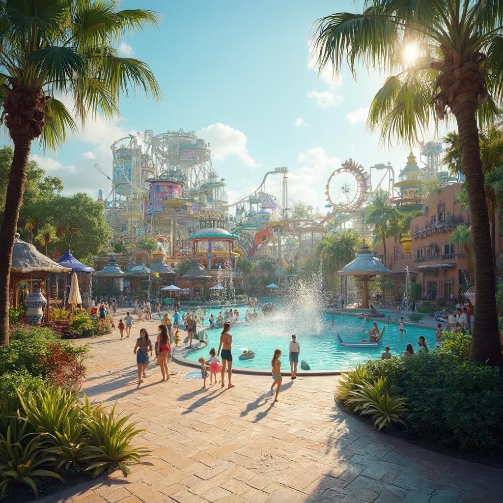 Kissimmee in May: Your Ultimate Weather & Adventure Insider Guide Visitors in summer outfits enjoying a vibrant theme park with brightly colored attractions, glittering water features, exotic tropical plants along manicured walkways leading to thrilling rides in the background under a sunny sky