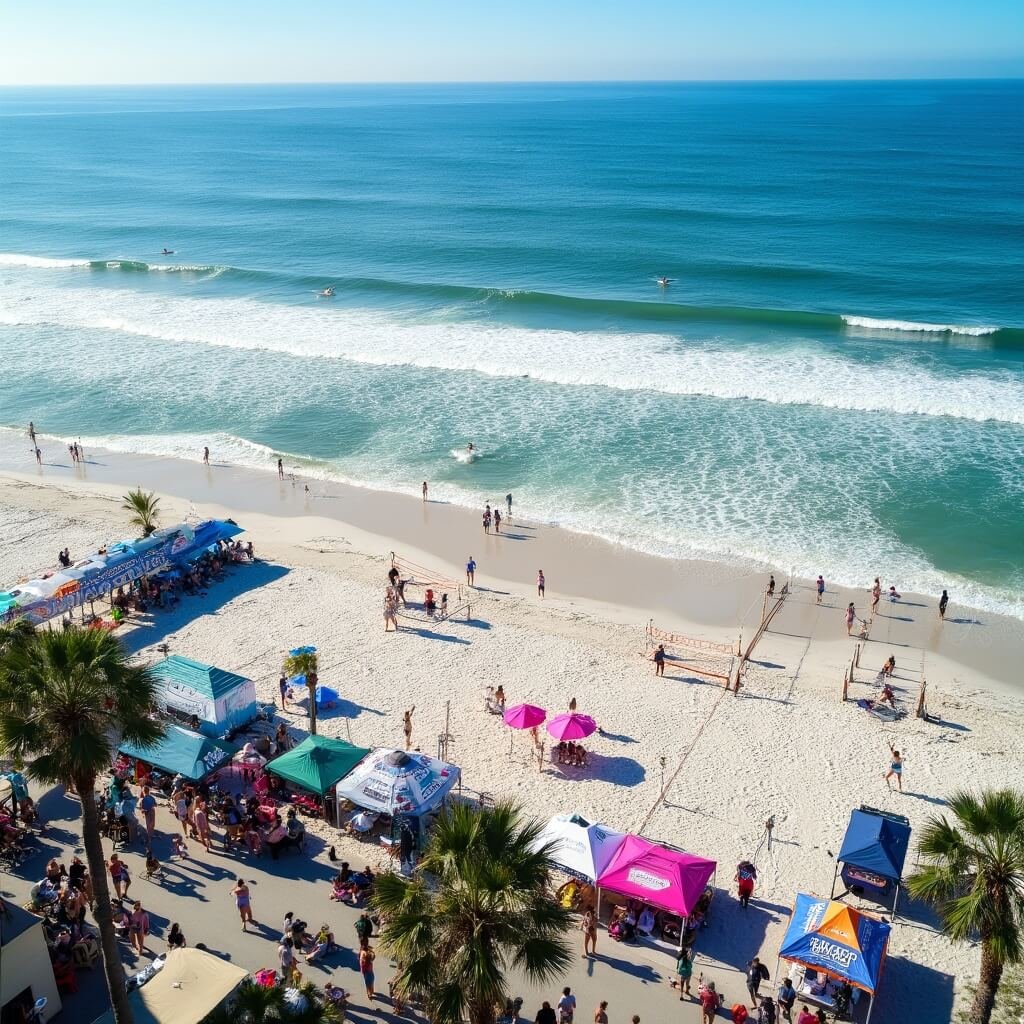 Jacksonville Beach in November: Your Ultimate Guide to Coastal Bliss (Without the Summer Crowds!) Aerial view of Super Girl Surf Pro event at Jacksonville Beach with colorful tents, female surfers, spectators, beach volleyball game, palm trees, and clear blue sky reflecting off the ocean.