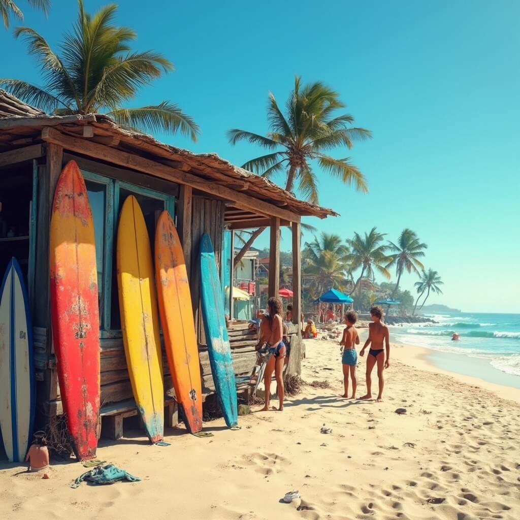 Sizzling Summer Secrets: Your Insider's Guide to Jacksonville Beach in June Vibrant beach scene showcasing surf culture with colorful surfboards against a wooden shack, young surfers preparing gear under the bright sunshine and clear blue sky, palm trees in distance on a sandy beach