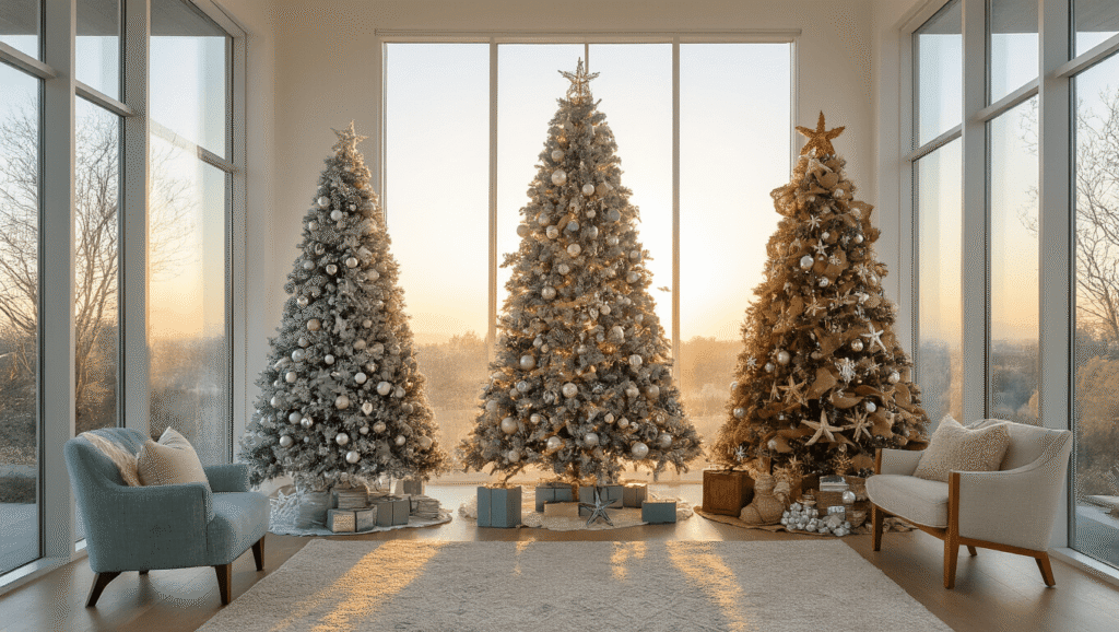 Magical Themed Christmas Trees: Transform Your Holiday Decor with Stunning Storytelling Designs A cinematic wide shot of a modern living room showcasing five themed Christmas trees during golden hour; a minimalist silver tree at the center, a coastal tree with seafoam accents on the left, a rustic farmhouse tree on the right, a vibrant rainbow tree at the far left, and a literary-themed tree at the far right, illuminated by warm ambient and cool natural light.