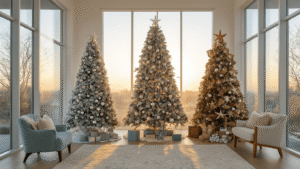 Magical Themed Christmas Trees: Transform Your Holiday Decor with Stunning Storytelling Designs A cinematic wide shot of a modern living room showcasing five themed Christmas trees during golden hour; a minimalist silver tree at the center, a coastal tree with seafoam accents on the left, a rustic farmhouse tree on the right, a vibrant rainbow tree at the far left, and a literary-themed tree at the far right, illuminated by warm ambient and cool natural light.