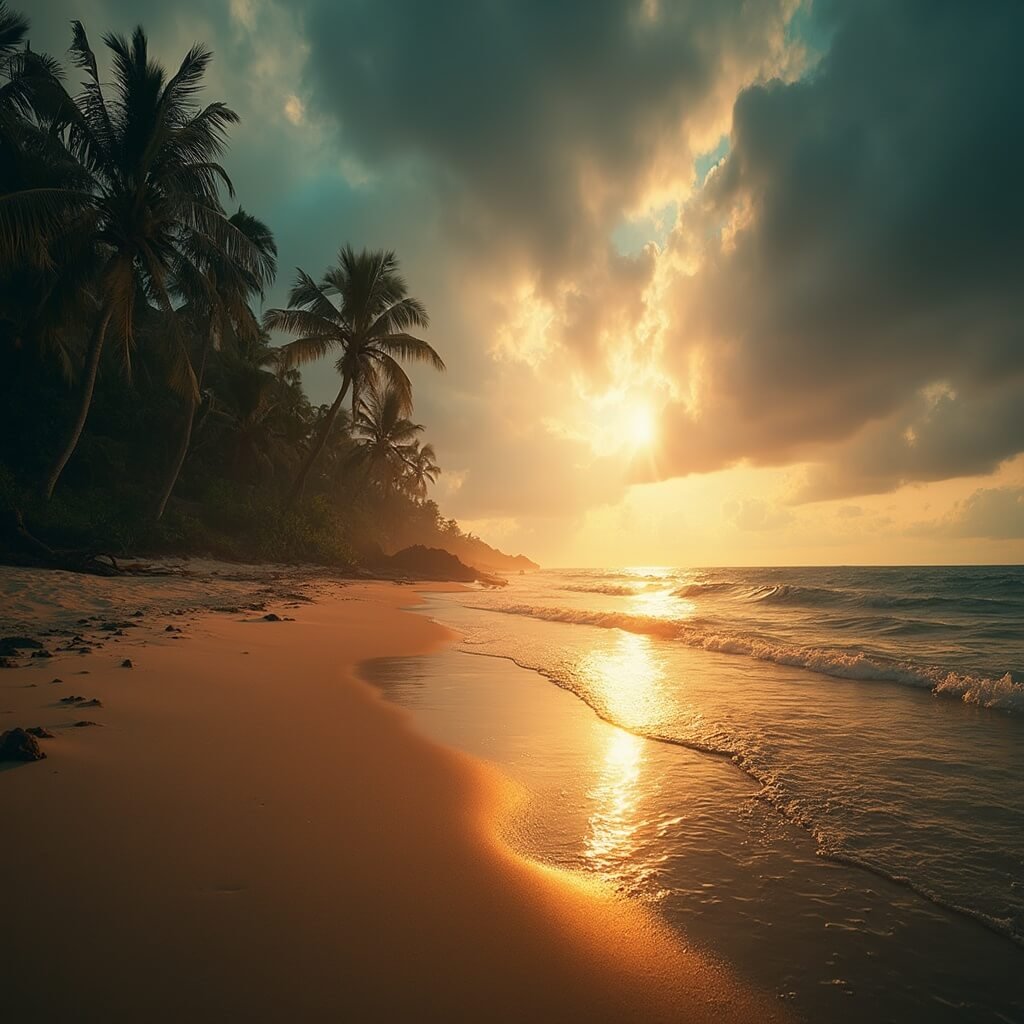 Cinematic image of an empty tropical beach scene in July with scattered palm trees, hot sunlight creating heat waves, dark storm clouds in the horizon over the warm inviting ocean and a high humidity atmosphere