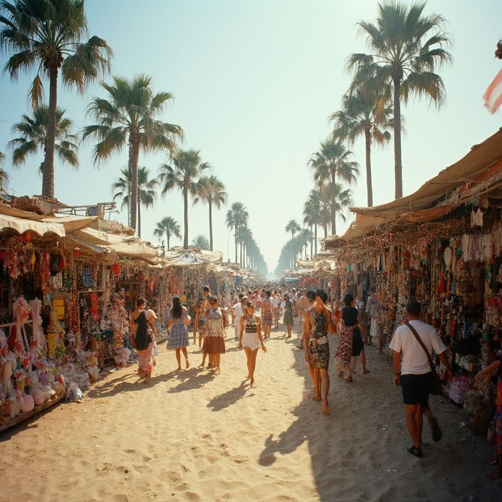 Jacksonville Beach in November: Your Ultimate Guide to Coastal Bliss (Without the Summer Crowds!) Bustling beachfront holiday market with local artisans, palm trees, and sandy beach in the background, featuring casually dressed people browsing stalls in a festive yet relaxed atmosphere