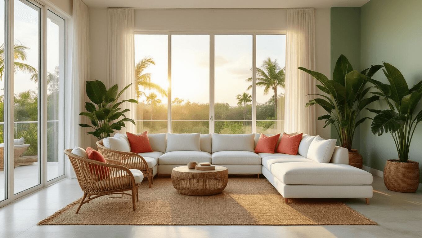 Hyperrealistic panorama of a spacious Florida living room at golden hour, featuring a white linen sectional, curved rattan chairs, a monstera plant, natural jute rug, and terrazzo flooring, illuminated by soft shadows and volumetric sunbeams.
