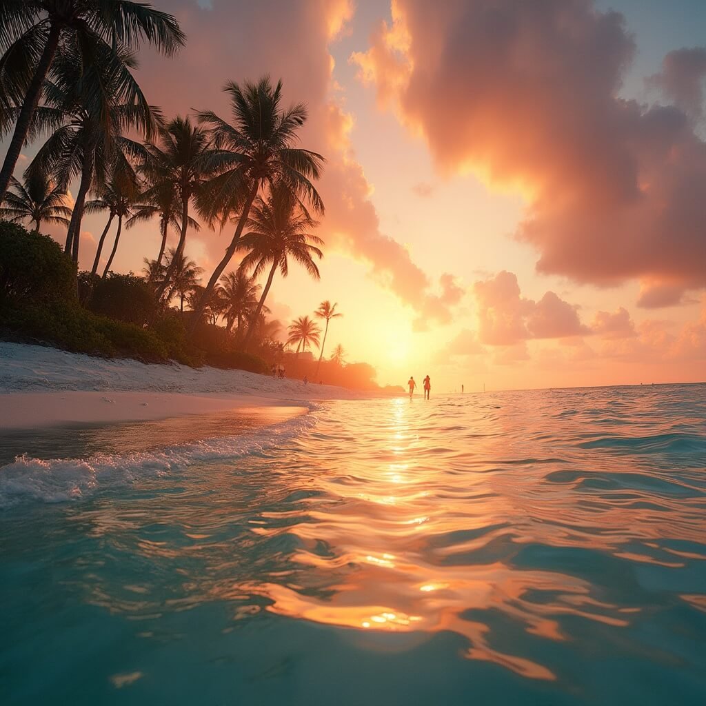 Early morning sunrise at West Palm Beach waterfront with visible humidity, crystal clear water, shadow-casting palm trees, and distant silhouettes of joggers