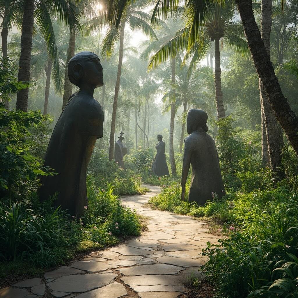 Tropical vegetation and palm trees surrounding bronze sculptures in the tranquil Ann Norton Sculpture Gardens, sunlight creating shadows on stone pathways and lush greenery, with Florida flowers in bloom.