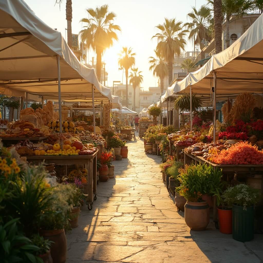 Vibrant sunrise at a farmers market with colorful tropical fruit stands, vendors arranging bread and flowers on wooden tables, fresh greens in the foreground, and palm trees casting long shadows in the background.