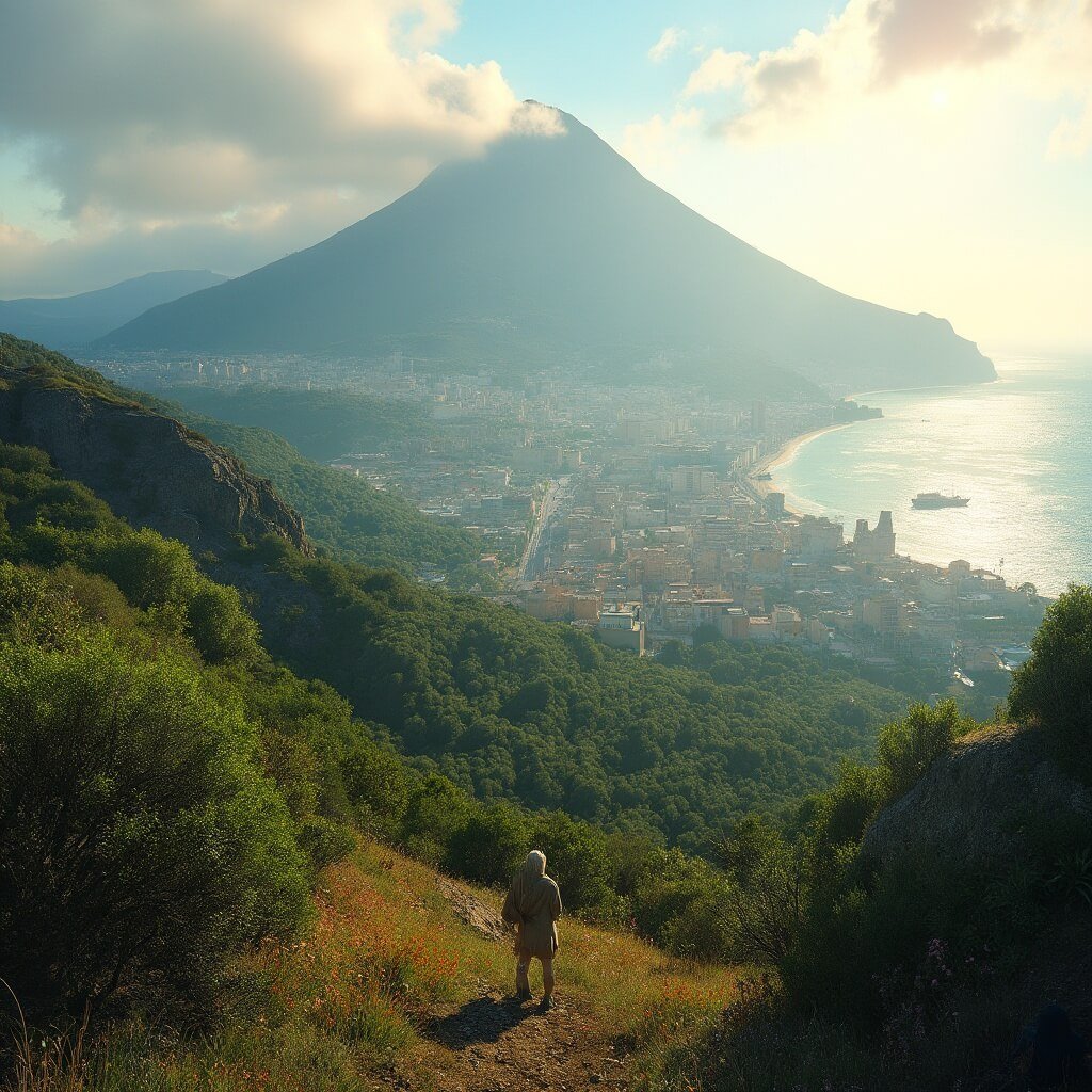 Naples in May: Your Ultimate Mediterranean Escape Early morning view of Mount Vesuvius with lush greenery, under soft golden sunlight, overlooking Naples and the blue Mediterranean Sea