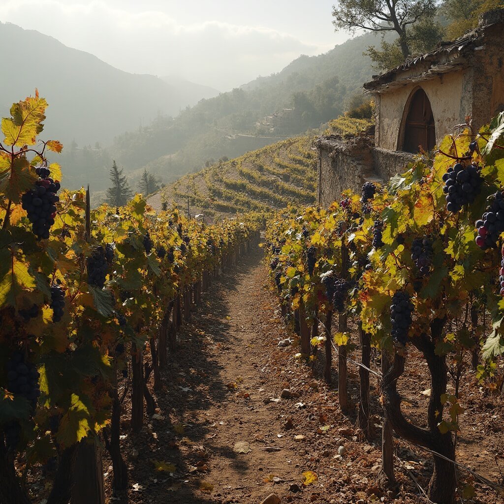 Naples in October: Your Ultimate Off-Season Mediterranean Escape Terraced vineyards on Mount Vesuvius during autumn harvest with ripe purple and golden grapes, ancient stone cellars, wooden wine barrels in underground caves, winemaking tools, and misty morning light creating dramatic shadows.