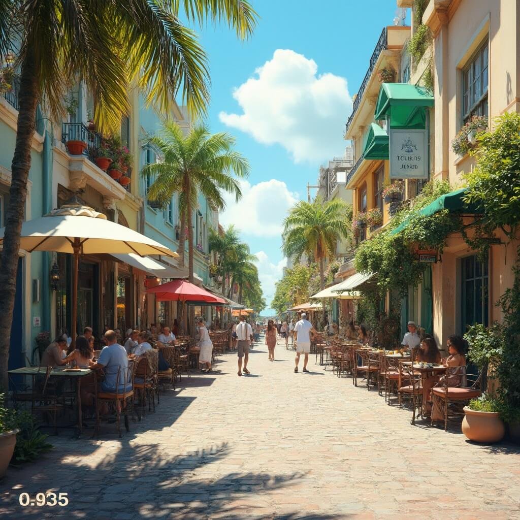 Bustling Clematis Street in Florida with vibrant outdoor cafes, tropical architecture, colorful shops, restaurants, and lush greenery in bright daylight
