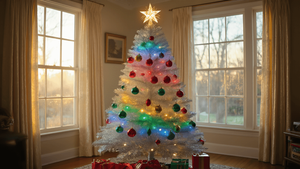 Nostalgic Charm: How to Create the Perfect Vintage Christmas Tree A nostalgic 1950s living room with a 7-foot silver aluminum Christmas tree adorned with vintage Shiny Brite ornaments, illuminated by a color wheel, featuring rich walnut furniture, plush emerald velvet chair, and warm amber lighting, captured in photorealistic detail.