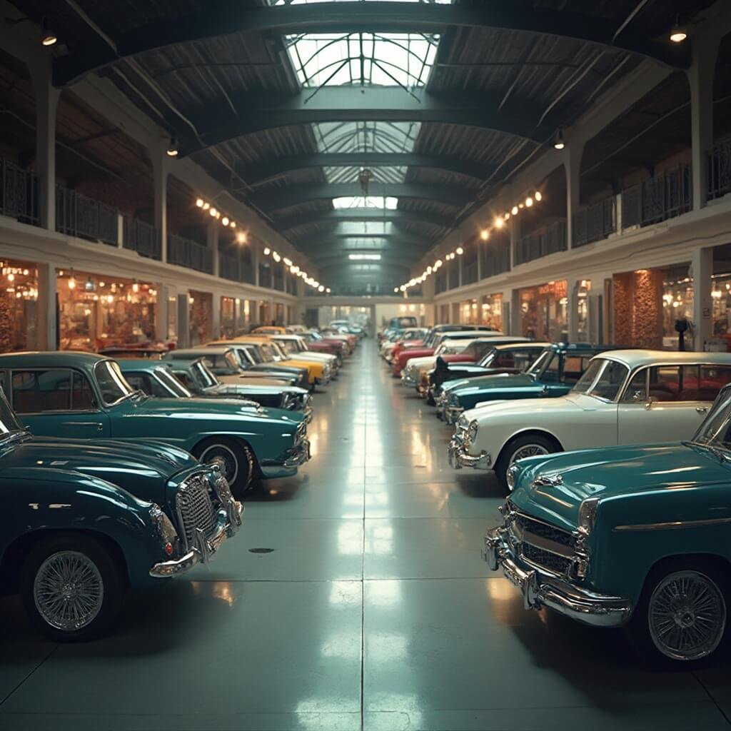 Why Kissimmee in January Will Blow Your Winter Blues Away Classic vintage cars in pristine condition displayed strategically at an auction hall under soft, pristine showroom lighting